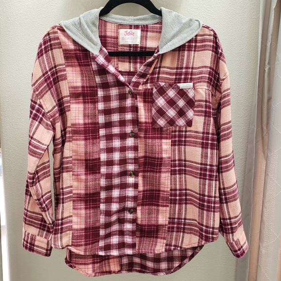 Justice Other - Justice Pink Plaid Hooded Button-Up Shirt